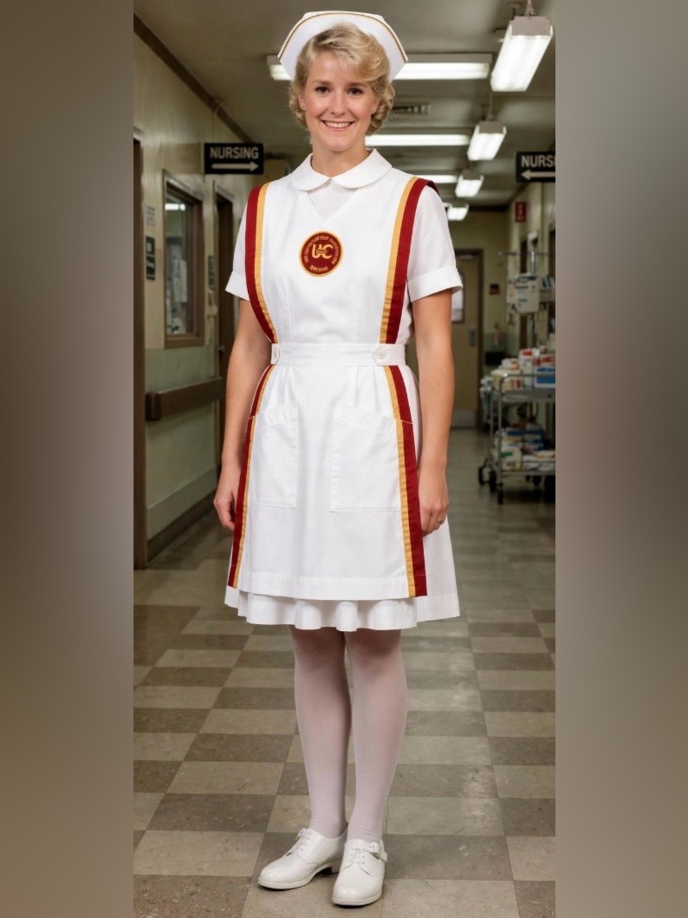 White University Of Charleston Nursing Pinafore Vintage 80’s - use as a costume